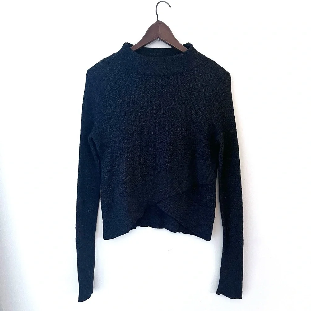 Free People Sweater Mock Neck Cross Front Linen/Cotton Knit Small Slate Blue